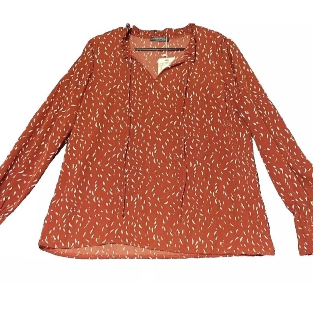 NWT Coeur de Vague Blouse Womens Medium Orange Rust White Printed Ruffle Tie Top - Picture 2 of 14